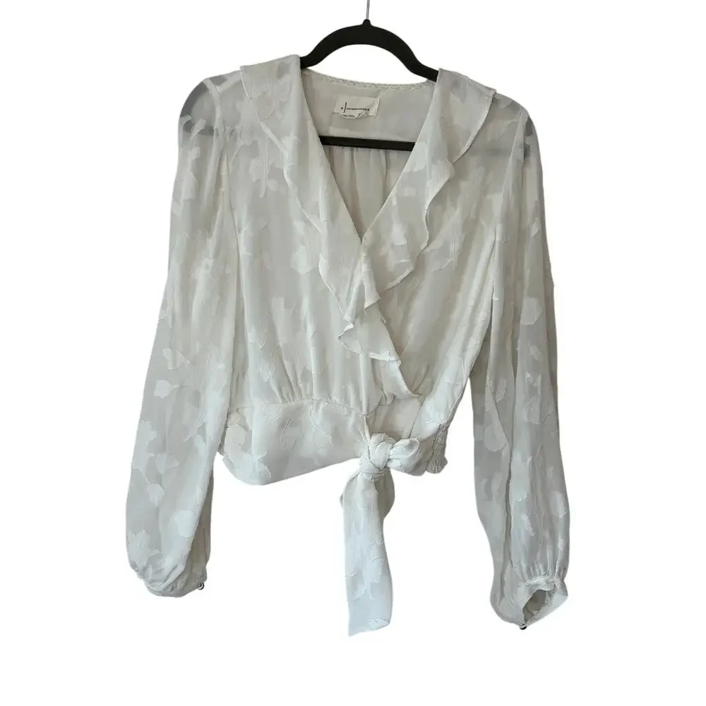 By Anthropologie Milena Burnout Velvet Wrap Blouse white ruffle cottagecore